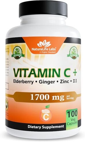 NaturaLife Labs Vitamin C 1,700 MG with Vitamin D3, Zinc, Elderberry, Ginger Root - Maximum Strength Multi System Immune Support- 100 Veggie Capsules in Kuwait