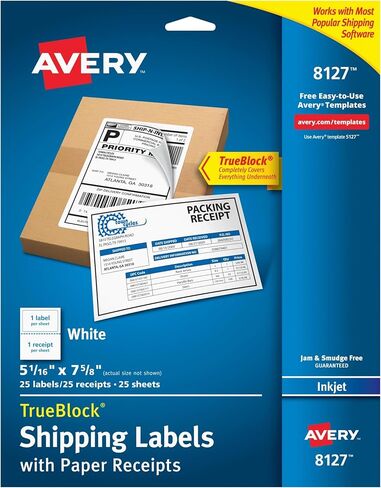 ملصقات شحن Avery مع إيصالات ورقية وتقنية TrueBlock للطابعات النافثة للحبر 5-1/16 × 7-5/8، عبوة من 25 قطعة (8127) in Kuwait