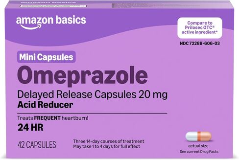Amazon Basic Care Omeprazole Delayed Release Mini Capsules 20 mg, Acid Reducer, Treats Frequent Heartburn, 24HR, 42 Count in Kuwait