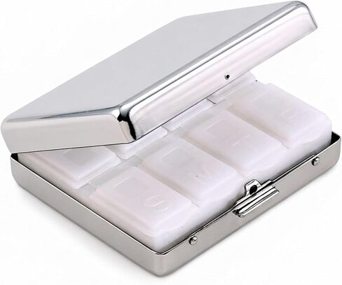Nickel Plated Pill Box, 8-Day Slots, Metal Shell with Plastic Supplement Holder, 3" x 2.5", Gift Box Included in Kuwait