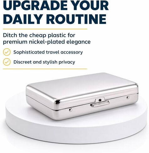Nickel Plated Pill Box, 8-Day Slots, Metal Shell with Plastic Supplement Holder, 3" x 2.5", Gift Box Included in Kuwait
