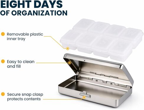 Nickel Plated Pill Box, 8-Day Slots, Metal Shell with Plastic Supplement Holder, 3" x 2.5", Gift Box Included in Kuwait