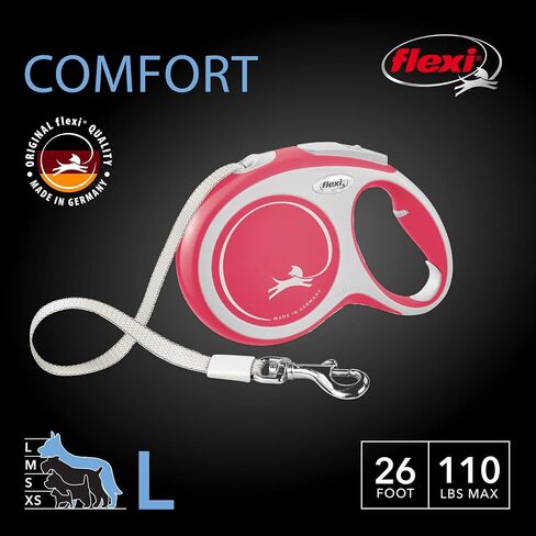 FLEXI New Comfort Tape Retractable Dog Leashes for Large Dogs Upto 110 lbs. – 26 ft., Red/Pastel | Tangle Free Pet Walking Leash with One-Handed Brake, Pause, Lock|German Quality Product in Saudi Arabia