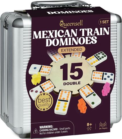 Queensell Mexican Train Dominoes Set Double 15 with 8 Holders - Wooden Hub and Tiles Holders - Double 15 with Dots (D15 + 8 Holders) in Saudi Arabia