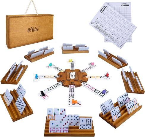 Offelec Mexican Train Dominoes Set with 8 Holders, Double 12 Dominos Set for Adults, Mexican Dominoes Train for Kids and Family Game, Mexican Train Games with 91 Colored Tile Dominos and Wooden Box in Saudi Arabia