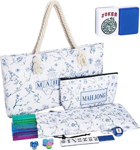 TIASUSAN American Mahjong Tile Set, 166 Blue Tiles, Bag and Mahjong Accessories, 4 All-in-One Rack/Pushers, Mahjong Set Complete in Kuwait