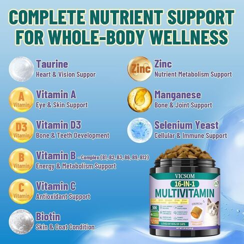 VICSOM Taurine for Cats Vitamins Treats, 16 in 1 Cat Multivitamin 500 Ct in Kuwait