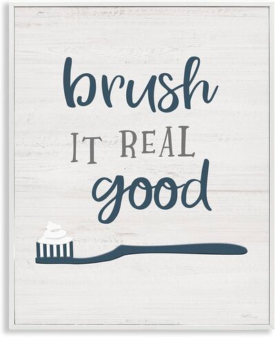 Stupell Industries Brush It Real Good Phrase Dental Hygiene Humor، من تصميم ناتالي كاربنتيري، لوحة فنية جدارية مؤطرة باللون الرمادي، 11 × 14، أزرق in Kuwait