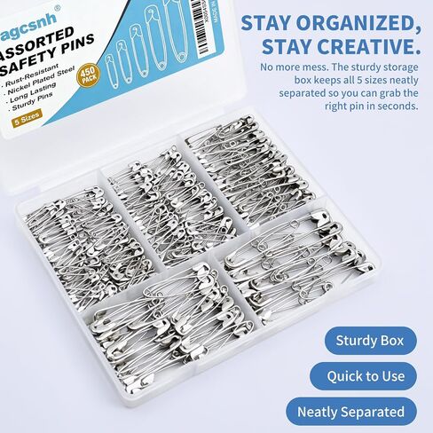 Safety Pins Assorted Sizes 450 Pack, Strong Nickel Plated Steel, Rust Resistant Safety Pins for Clothes Sewing Crafts Pinning (Silver) in Kuwait