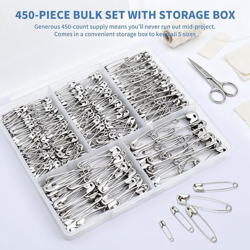 Safety Pins Assorted Sizes 450 Pack, Strong Nickel Plated Steel, Rust Resistant Safety Pins for Clothes Sewing Crafts Pinning (Silver) in Kuwait