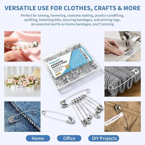 Safety Pins Assorted Sizes 450 Pack, Strong Nickel Plated Steel, Rust Resistant Safety Pins for Clothes Sewing Crafts Pinning (Silver) in Kuwait