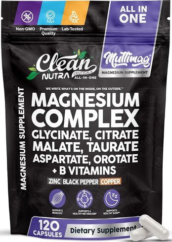 Magnesium Complex 2285mg with Magnesium Glycinate Citrate Malate Oxide Taurate Aspartate Gluconate Orotate & Mag Chloride, Zinc Copper Manganese & Vitamin C B1 B2 B6 B12 Complex - 90 Count Made in USA in Kuwait
