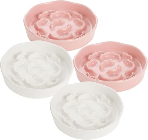 4Pcs Ceramic Cat Slow Food Feeder, 6 Inch Slow Feeder for Small Dogs, Cat Food Bowl for Dry Food and Wet Food, White and Pink in Saudi Arabia