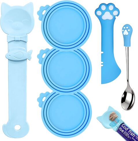 6 PCS Pet Feeding Set | 1 Cat Treat Spoon Squeeze for Cat Strip, 1 Opener Spatula & Stainless Steel Spoon for Pet Wet Food, 3 Silicone Can Covers for Dog Cat Food Canned (Purple) in Kuwait