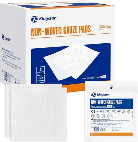 Kingstar Sterile Nonwoven Gauze Pads, 4"x 4" Wound Dressing, 60 Packs - 120 Pieces Superior Soft Sponge Pads, Higher Absorbent Gauze Compresses for Trauma or Post-Operative Wound Care in Kuwait