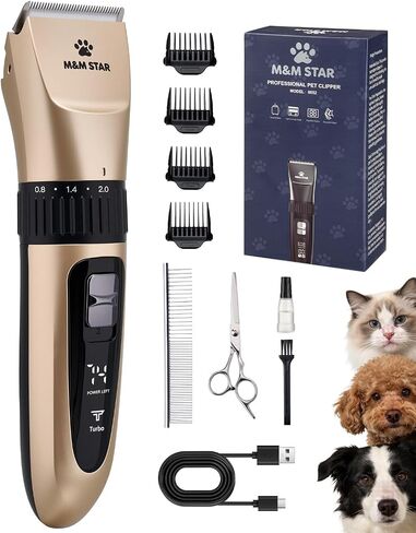 M&M STAR Dog Grooming Kit, Low Noise Dog Clippers, 2-Speed IPX7 Waterproof, Rechargeable Cordless Pet Hair Clippers Trimmer Shaver with LED Display for Dogs and Cats, Gold in Kuwait
