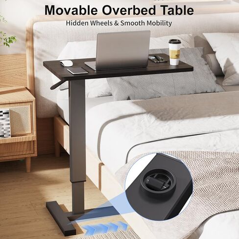 Erinaik Overbed Table with Swivel Hidden Wheels Adjustable Height, Pneumatic Mobile Standing Desk Laptop Bedside Table Multi-Purpose for Home and Hospital Use, Brown in Kuwait