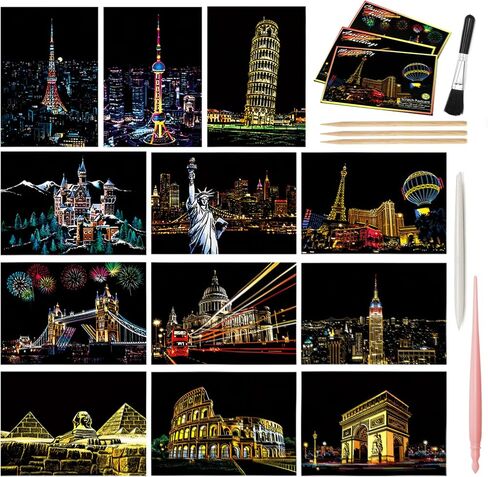 12-Sheet Rainbow Scratch Art Set with Tools, World Landmark Postcard Kit in Saudi Arabia