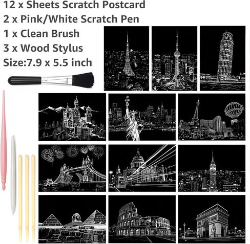 12-Sheet Rainbow Scratch Art Set with Tools, World Landmark Postcard Kit in Saudi Arabia