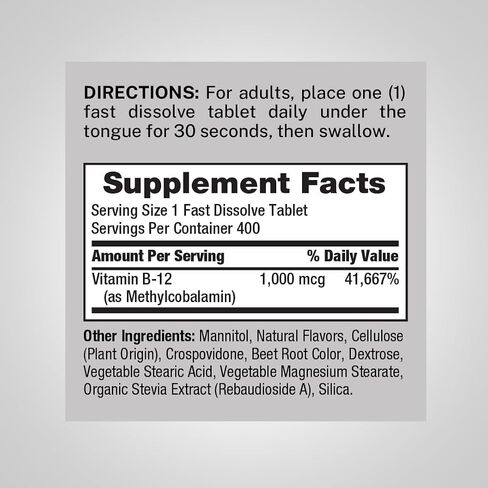 Piping Rock Vitamin B12 Sublingual | 1000 mcg | 400 Fast Dissolve Tablets | Methylcobalamin Supplement | Vegetarian, Non-GMO, Gluten Free in Kuwait