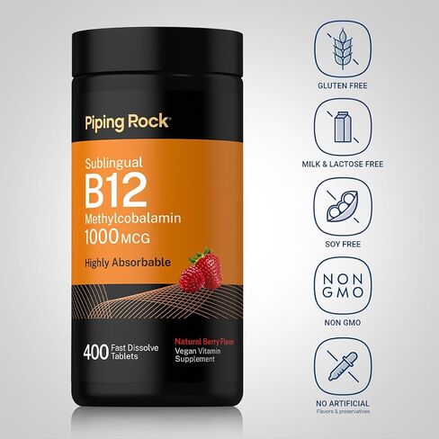 Piping Rock Vitamin B12 Sublingual | 1000 mcg | 400 Fast Dissolve Tablets | Methylcobalamin Supplement | Vegetarian, Non-GMO, Gluten Free in Kuwait