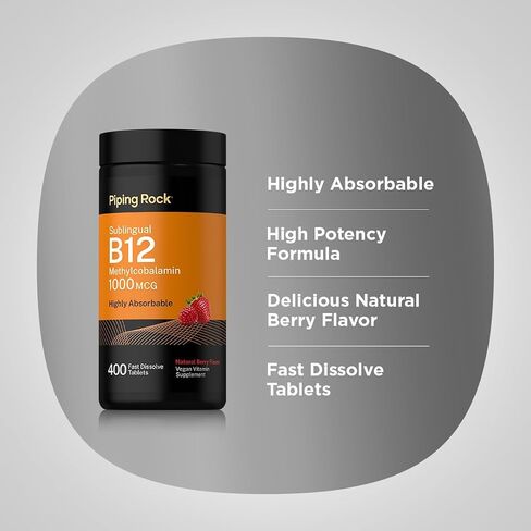 Piping Rock Vitamin B12 Sublingual | 1000 mcg | 400 Fast Dissolve Tablets | Methylcobalamin Supplement | Vegetarian, Non-GMO, Gluten Free in Kuwait