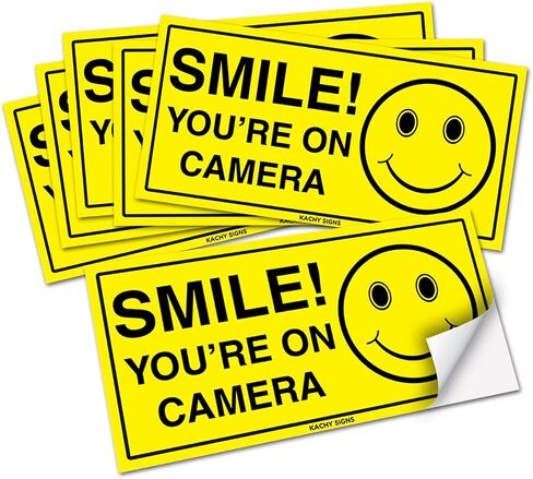 (مجموعة من 6) علامة Smile You're On للكاميرا - 2" x 4" - 4 مل فينيل - مغلفة للحماية القصوى والمتانة - ملصق ذاتي اللصق - محمي من الأشعة فوق البنفسجية ومقاوم للأحوال الجوية - شديد التحمل in Kuwait