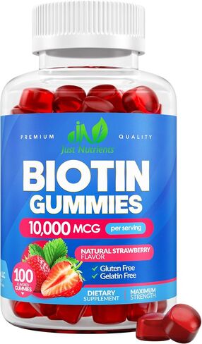 Biotin 10,000mcg Gummies for Women & Men (100 Count) - 2x Extra Strength Biotin for Hair Growth, Skin & Nails - Gluten-Free, Vegan, Non-GMO, Great Tasting Strawberry Flavor - 100 Gummies in Saudi Arabia