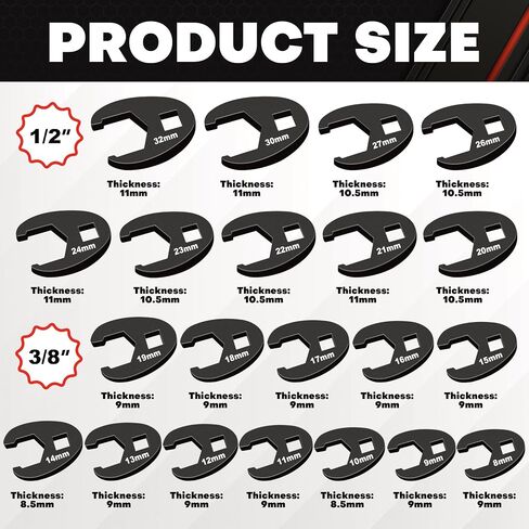 C&T 21Pcs Crows Foot Wrench Set, 3/8" & 1/2" Drive Metric 8-32mm in Kuwait
