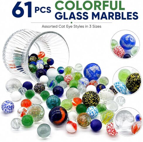 HYSTYLE 61 Pcs Glass Marbles Bulk, Multiple Colors Assorted Cat Eye Marbles in 3 Sizes, Decorative Glass Balls for Marble Bounce Game, Vase Fillter, Party Favor, Fish Tank Decoration in Saudi Arabia