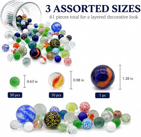 HYSTYLE 61 Pcs Glass Marbles Bulk, Multiple Colors Assorted Cat Eye Marbles in 3 Sizes, Decorative Glass Balls for Marble Bounce Game, Vase Fillter, Party Favor, Fish Tank Decoration in Saudi Arabia