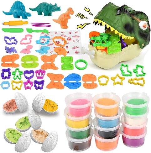 Dinosaur Dough Play Set - Dino Noodle Maker & Egg Molds for Kids Ages 3-8, Non-Toxic Modeling Clay, Burr-Free Dinosaur Molds, Fine Motor Sensory Craft Toy, Perfect Birthday Easter Gift for Boys Girls in Saudi Arabia