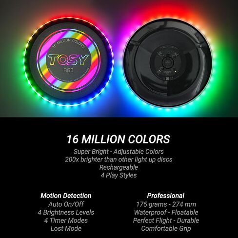 TOSY Flying Disc - 16 Million Colors RGB or 36 LEDs, Extremely Bright, Smart Modes, Camping Essentials for Teens/Kids/Adults/Men/Boys/Girls, Auto Light Up, Rechargeable, Waterproof, 175g in Kuwait