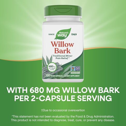 Nature's Way Willow Bark, Traditional Relief of Discomfort Due to Occasional Overexertion*, Non-GMO Project Verified, 800 mg per Serving, 100 Vegan Capsules in Kuwait