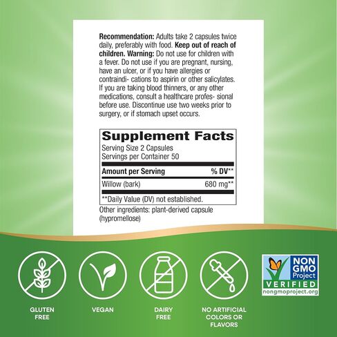 Nature's Way Willow Bark, Traditional Relief of Discomfort Due to Occasional Overexertion*, Non-GMO Project Verified, 800 mg per Serving, 100 Vegan Capsules in Kuwait