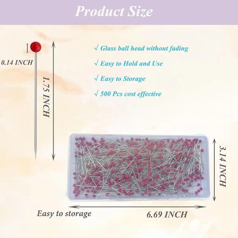 Sunenlyst 500 PCS Sewing Pins, 1.75IN Quilting Pins Long Red Glass Ball Head Straight Pins for Fabric, Stainless Steel Dressmaker for Sewing, Crafts, Jewelry Making, DIY in Kuwait