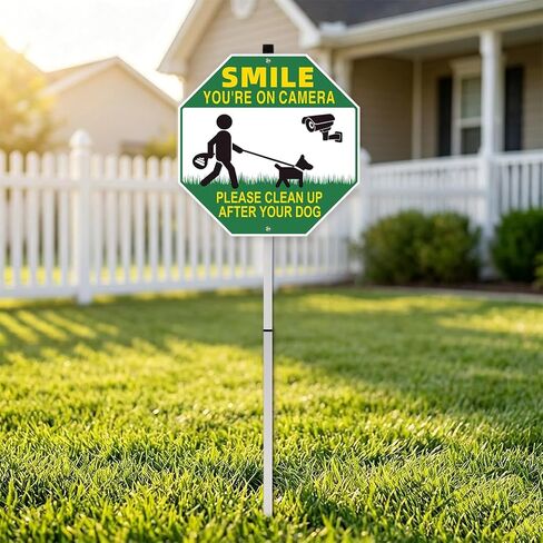 Clean Up After Your Dog Signs, 10x10 Inch/30 inch High – No Pooping Dog Signs for Yard, Smile Your on Camera, Pick Up After Your Dog Sign for Outdoor Lawn in Kuwait