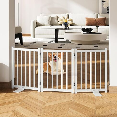 Snughome Short Dog Gate Indoor, 16" High Freestanding Small Dog Door with Support Feet, Expands Up to 37’’ Wide Foldable Pet Gate for Doorway, 3 Panel Folding Pet Door Pet Fence for Puppy, White in Kuwait