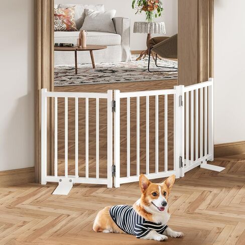Snughome Short Dog Gate Indoor, 16" High Freestanding Small Dog Door with Support Feet, Expands Up to 37’’ Wide Foldable Pet Gate for Doorway, 3 Panel Folding Pet Door Pet Fence for Puppy, White in Kuwait