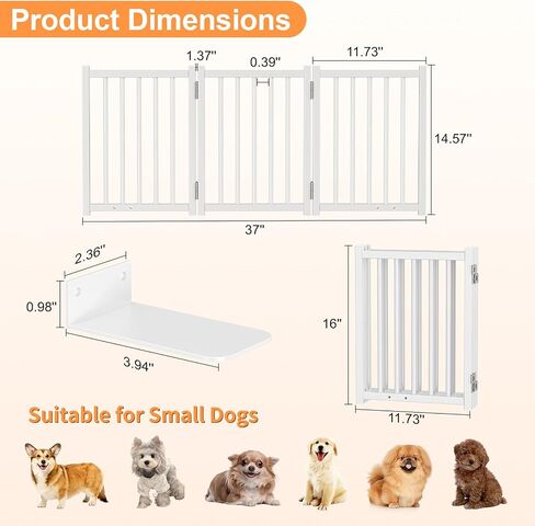 Snughome Short Dog Gate Indoor, 16" High Freestanding Small Dog Door with Support Feet, Expands Up to 37’’ Wide Foldable Pet Gate for Doorway, 3 Panel Folding Pet Door Pet Fence for Puppy, White in Kuwait