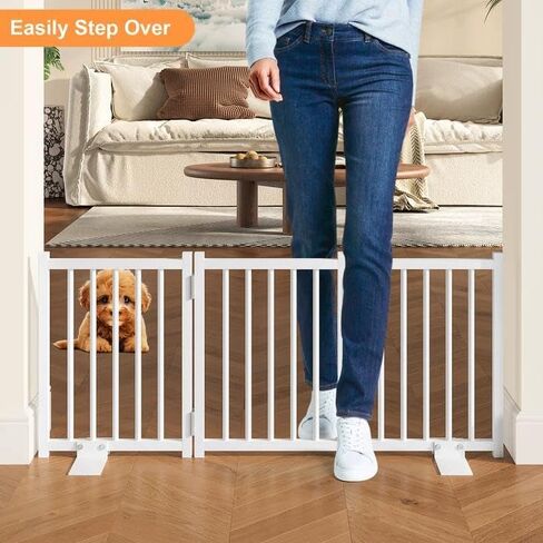Snughome Short Dog Gate Indoor, 16" High Freestanding Small Dog Door with Support Feet, Expands Up to 37’’ Wide Foldable Pet Gate for Doorway, 3 Panel Folding Pet Door Pet Fence for Puppy, White in Kuwait