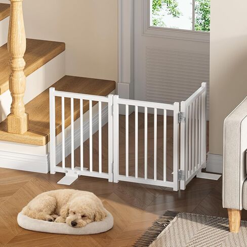 Snughome Short Dog Gate Indoor, 16" High Freestanding Small Dog Door with Support Feet, Expands Up to 37’’ Wide Foldable Pet Gate for Doorway, 3 Panel Folding Pet Door Pet Fence for Puppy, White in Kuwait