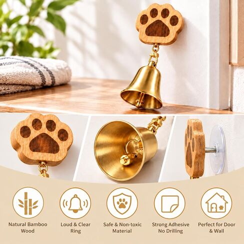 Dog Doorbell for Potty Training, Bamboo Puppy Door Bell to Go Outside, Loud Clear Brass Bell, Self-Adhesive Mount for Flat Doors & Walls, Easy Install Dog Training Bell in Saudi Arabia