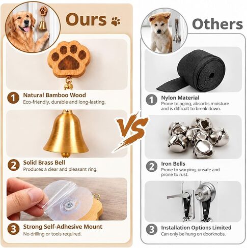 Dog Doorbell for Potty Training, Bamboo Puppy Door Bell to Go Outside, Loud Clear Brass Bell, Self-Adhesive Mount for Flat Doors & Walls, Easy Install Dog Training Bell in Saudi Arabia