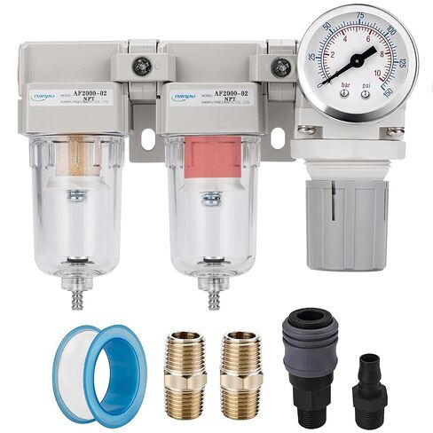 NANPU 1/4" NPT Air Drying System - Double Air Filters, Air Pressure Regulator Combo - Semi-Auto Drain, Poly Bowl in Saudi Arabia