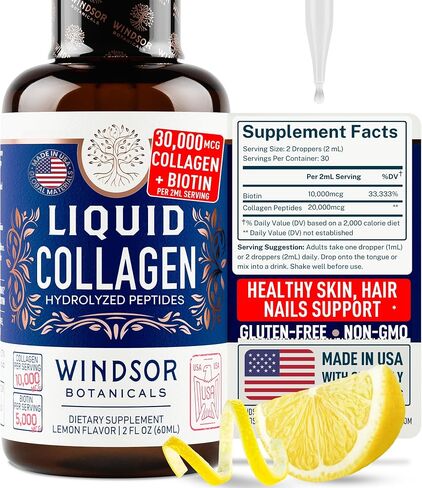Concentrated Liquid Collagen Peptides Supplement - Hair, Skin, Nail, Joints Support - Sublingual Drops by WINDSOR BOTANICALS - 10,000mcg Collagen, 5,000mcg Biotin - Lemon Flavor - 2-Month - 2 oz in Kuwait