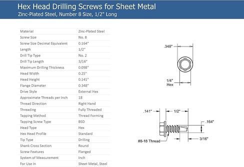 #8 x 3/4" Hex Washer Head Self-Drilling Tek Screw Zinc Plated Steel for Attaches Sheet Metal Steel or Steel to Metal - Box of 100 in Saudi Arabia