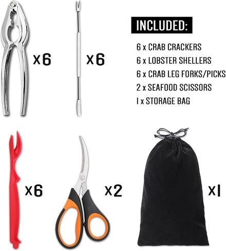 Hiware 20-piece Seafood Tools Set includes 6 Crab Crackers, 6 Lobster Shellers, 6 Crab Leg Forks/Picks and 2 Seafood Scissors & Storage Bag - Nut Cracker Set in Kuwait