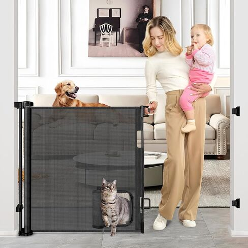 Retractable Baby Gate with Cat Door 55" Wide Retractable Baby Gate for Stairs Mesh Baby Gate with Pet Door Retractable Dog Gate for The House Retractable Pet Gate with Door Safety Gates for Toddlers in Saudi Arabia