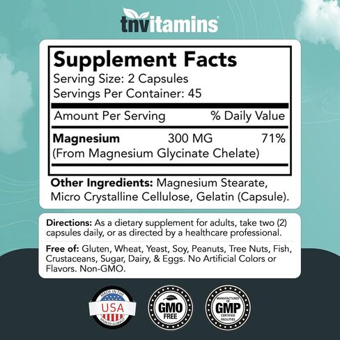 Chelated Magnesium Glycinate Capsules (300 MG x 90 Count) for Women & Men | AKA Magnesium Bisglycinate | Highly Absorbable | Calm, Sleep, Muscle, Nerve, & Stress Support* | by TNVitamins in Kuwait